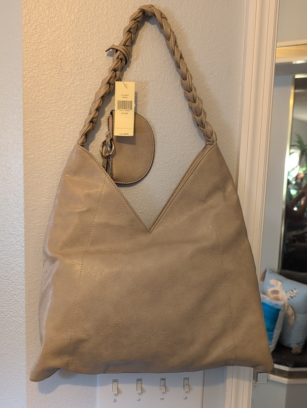 Taupe Braided-Handle Shoulder Hobo Bag with Coin Pouch